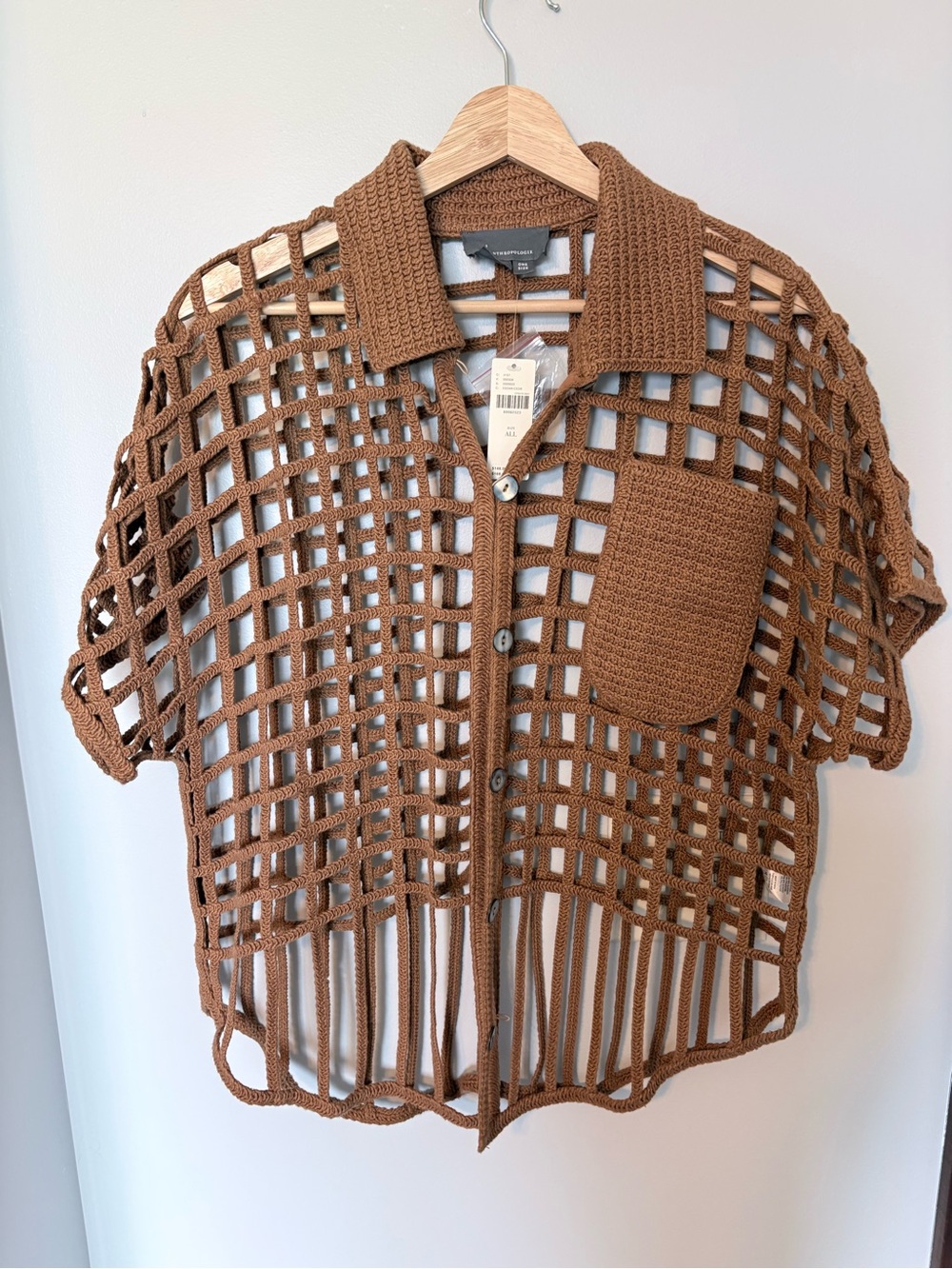 Anthropologie Brown Open-Weave Crochet Button-Down Shirt